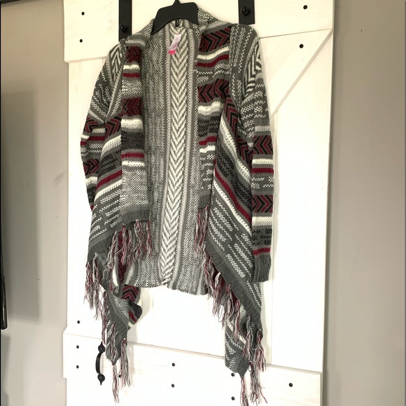 Juniors No Boundaries Open Sweater Cardigan Fringe Long Sleeves Gray Large - Picture 3 of 10